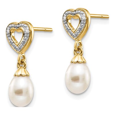 14K Yellow Gold Freshwater Cultured Pearl & Diamond Heart Dangle Earrings – view 2