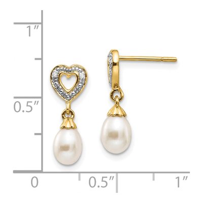 14K Yellow Gold Freshwater Cultured Pearl & Diamond Heart Dangle Earrings – view 4