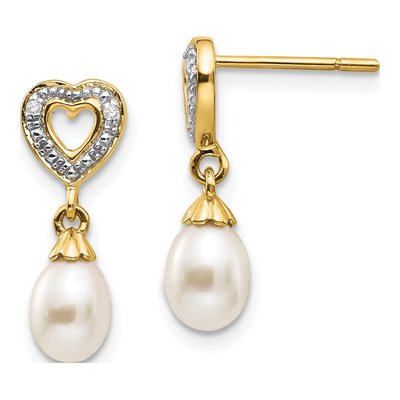 14K Yellow Gold Freshwater Cultured Pearl & Diamond Heart Dangle Earrings