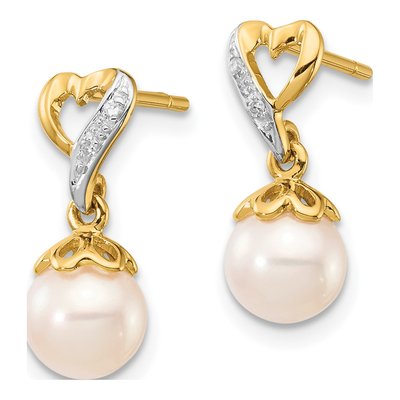 14K Yellow Gold Freshwater Cultured Pearl & Diamond Heart Dangle Earrings – view 2