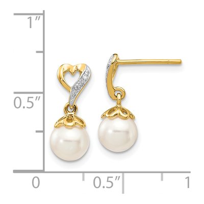 14K Yellow Gold Freshwater Cultured Pearl & Diamond Heart Dangle Earrings – view 4