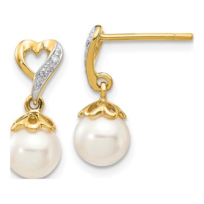 14K Yellow Gold Freshwater Cultured Pearl & Diamond Heart Dangle Earrings
