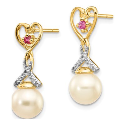 14K Yellow Gold Freshwater Cultured Pearl & Composite Ruby Round Heart Dangle Earrings – view 2
