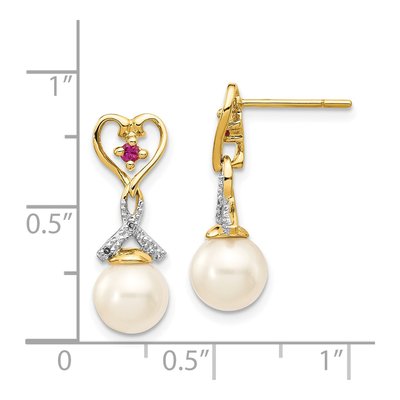 14K Yellow Gold Freshwater Cultured Pearl & Composite Ruby Round Heart Dangle Earrings – view 4
