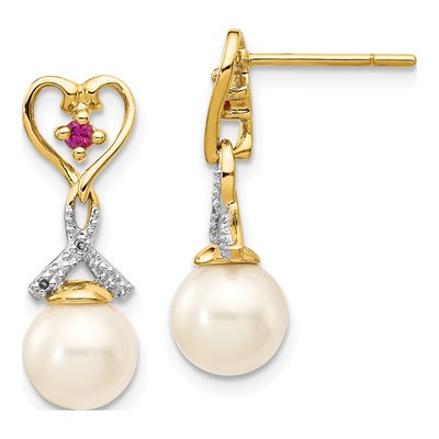 14K Yellow Gold Freshwater Cultured Pearl & Composite Ruby Round Heart Dangle Earrings