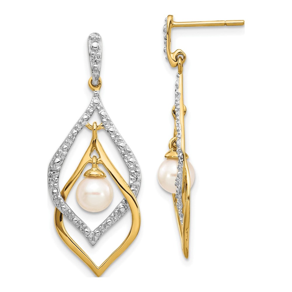 14K Yellow Gold Pearl & Diamond Dangle Earrings