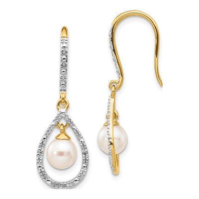 14K Yellow Gold Freshwater Cultured Pearl & Diamond Dangle Earrings