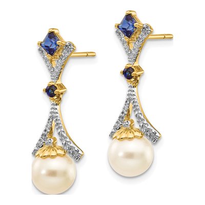 14K Yellow Gold Freshwater Cultured Pearl & Lab-Created Sapphire Dangle Earrings – view 2