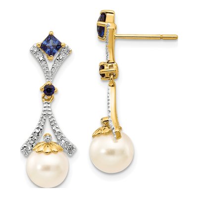 14K Yellow Gold Freshwater Cultured Pearl & Lab-Created Sapphire Dangle Earrings