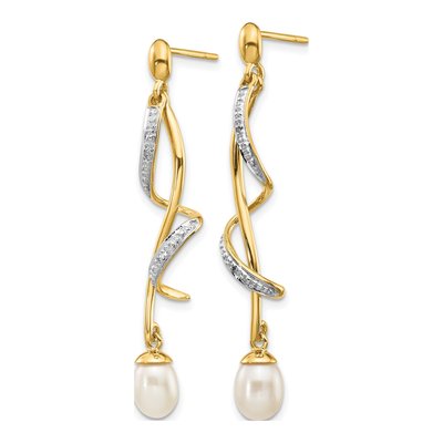 14K Yellow Gold Freshwater Cultured Pearl & Diamond Dangle Earrings – view 2