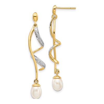 14K Yellow Gold Freshwater Cultured Pearl & Diamond Dangle Earrings