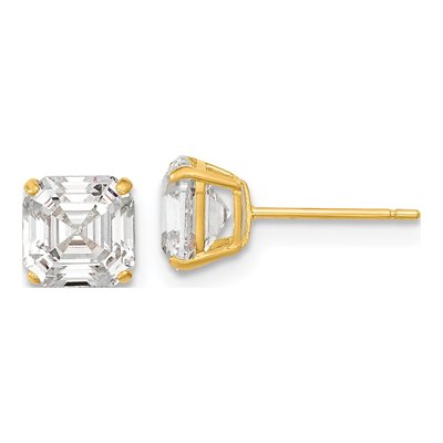 14K Yellow Gold Octagon / Emerald CZ Asscher-Cut Stud Earrings