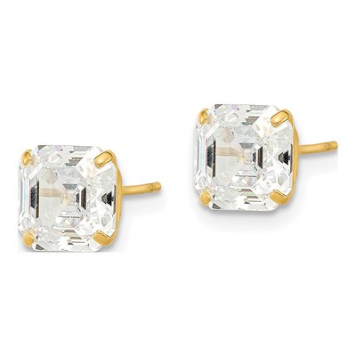 14K Yellow Gold Octagon / Emerald CZ Asscher-Cut Stud Earrings – view 3