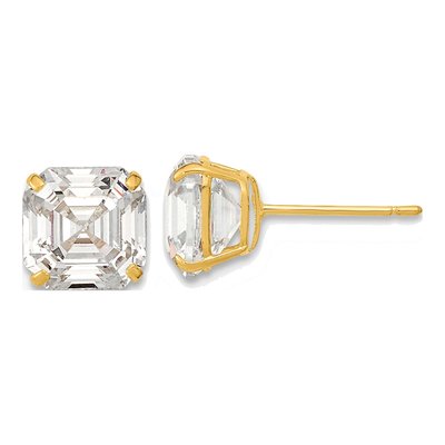 14K Yellow Gold Octagon / Emerald CZ Asscher-Cut Stud Earrings