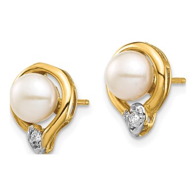 14K Yellow Gold Freshwater Cultured Pearl & Diamond Button Stud Earrings – view 2