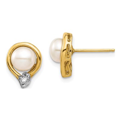 14K Yellow Gold Freshwater Cultured Pearl & Diamond Button Stud Earrings