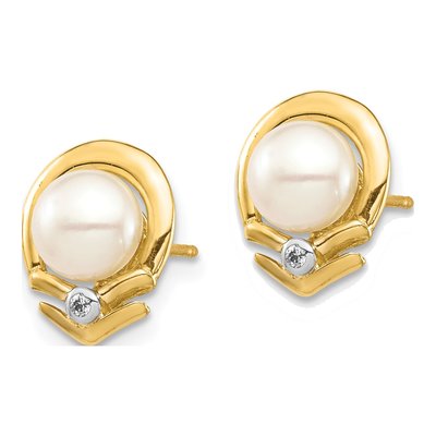 14K Yellow Gold Freshwater Cultured Pearl & Diamond Button Stud Earrings – view 2