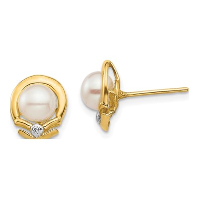 14K Yellow Gold Freshwater Cultured Pearl & Diamond Button Stud Earrings