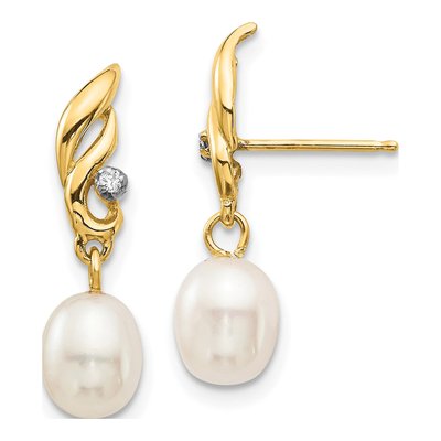 14K Yellow Gold Freshwater Cultured Pearl & Diamond Dangle Earrings