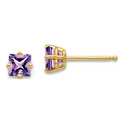 14K Yellow Gold 4mm Square Amethyst Princess-Cut Stud Earrings