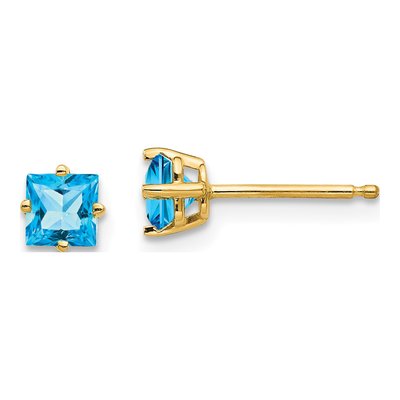 14K Yellow Gold 4mm Square Swiss Blue Topaz Princess Stud Earrings
