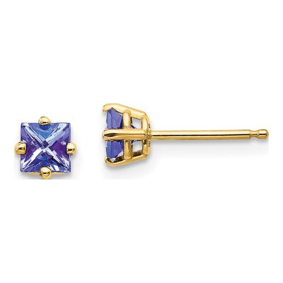 14K Yellow Gold 4mm Square Tanzanite Princess Stud Earrings