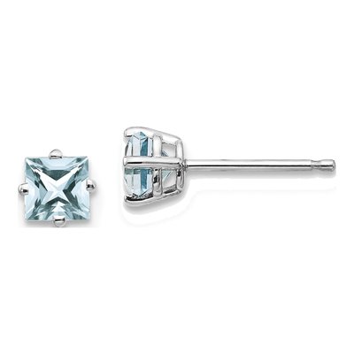 14K White Gold 4mm Square Aquamarine Princess Stud Earrings