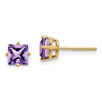 14K Yellow Gold 5mm Square Amethyst Princess-Cut Stud Earrings