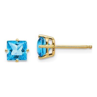 14K Yellow Gold 5mm Square Swiss Blue Topaz Princess-Cut Stud Earrings