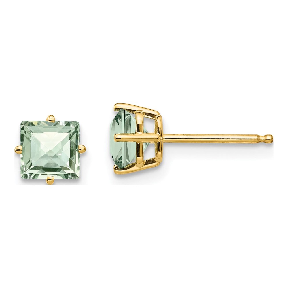 14K Yellow Gold 5mm Square Green Quartz Checkerboard Stud Earrings