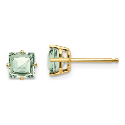 14K Yellow Gold 5mm Square Green Quartz Checkerboard Stud Earrings