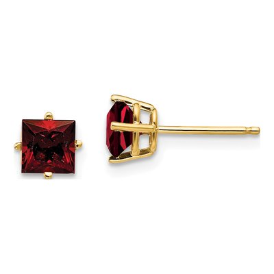 14K Yellow Gold 5mm Square Garnet Princess-Cut Stud Earrings