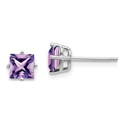 14K White Gold 5mm Square Amethyst Princess-Cut Stud Earrings