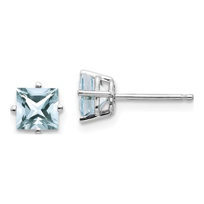 14K White Gold 5mm Square Aquamarine Princess Stud Earrings