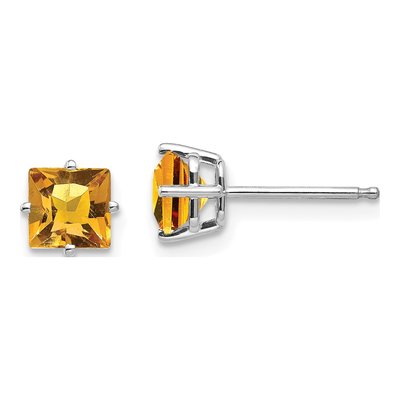 14K White Gold 5mm Square Citrine Princess-Cut Stud Earrings