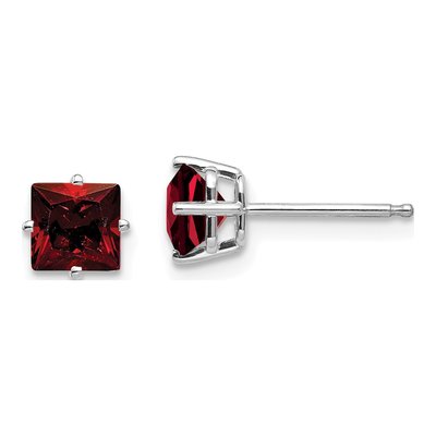 14K White Gold 5mm Square Garnet Princess-Cut Stud Earrings