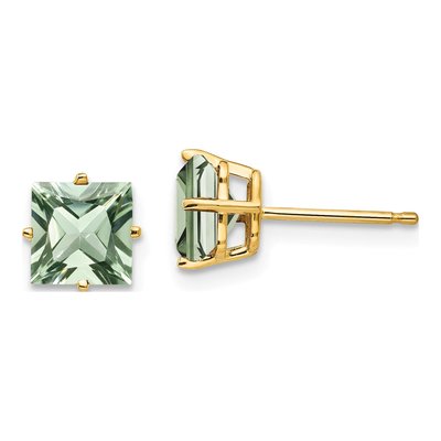 14K Yellow Gold 6mm Green Quartz Square Stud Earrings
