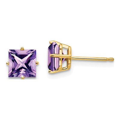14K Yellow Gold 6mm Square Amethyst Princess-Cut Stud Earrings