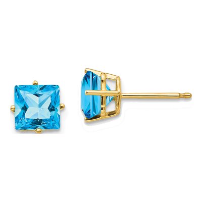 14K Yellow Gold 6mm Square Swiss Blue Topaz Princess-Cut Stud Earrings