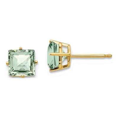 14K Yellow Gold 6mm Square Green Quartz Checkerboard Stud Earrings