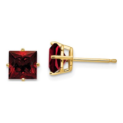 14K Yellow Gold 6mm Square Garnet Princess-Cut Stud Earrings