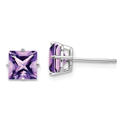 14K White Gold 6mm Square Amethyst Princess-Cut Stud Earrings