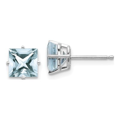 14K White Gold 6mm Square Aquamarine Princess Stud Earrings