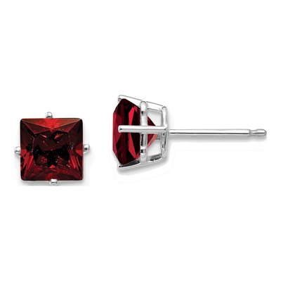 14K White Gold 6mm Square Garnet Princess Stud Earrings