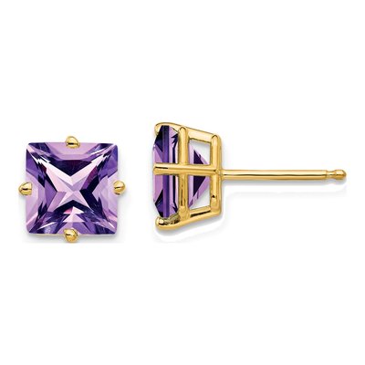 14K Yellow Gold 7mm Square Amethyst Princess-Cut Stud Earrings