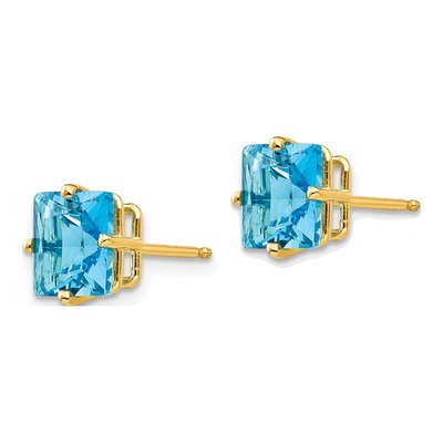 14K Yellow Gold 7mm Square Swiss Blue Topaz Princess Stud Earrings – view 2