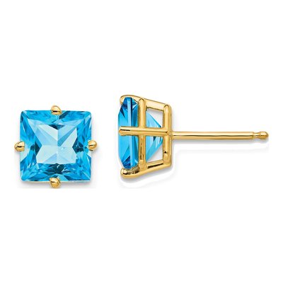 14K Yellow Gold 7mm Square Swiss Blue Topaz Princess Stud Earrings
