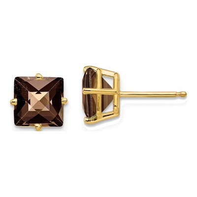 14K Yellow Gold 7mm Square Smoky Quartz Checker-Cut Stud Earrings