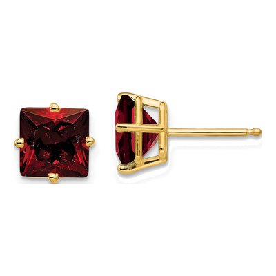 14K Yellow Gold 7mm Square Garnet Princess-Cut Stud Earrings