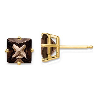 14K Yellow Gold 7mm Smoky Quartz Square Stud Earrings